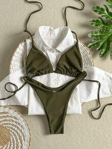 Summer Green Rhinestone Camisole Bikini 2 Pieces Set, Slim Fit High Elastic Fabric, Sexy Vacation Beach Swimwear - Army Green - View 3