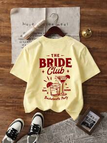 1件女款夏季寬鬆短袖T恤上衣，Bride Club單身派對圖案T恤，休閒服飾上衣，女性度假穿搭，黃色 - 黃色 - 查看 4