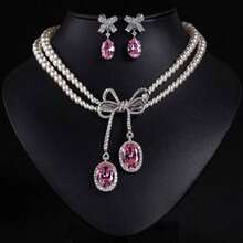 3pcs/Set Pink/Green/Multi-Color Options Women's Fashion Pearl Necklace Jewelry Set, Bridal/Wedding Necklace Set, Beaded Necklace With Bowknot Zirconia Earrings Necklace Jewelry Set, Shiny/Luxury/Women's Fashion Accessory - Bộ trang sức - Xem 1