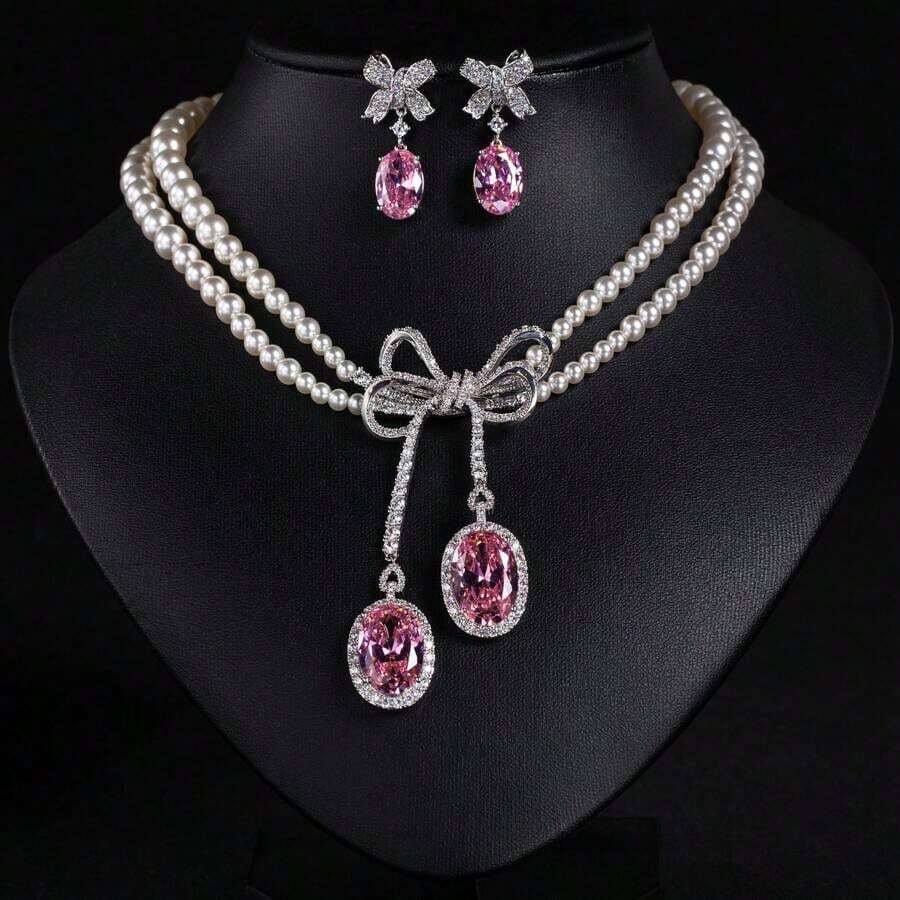 3pcs/Set Pink/Green/Multi-Color Options Women's Fashion Pearl Necklace Jewelry Set, Bridal/Wedding Necklace Set, Beaded Necklace With Bowknot Zirconia Earrings Necklace Jewelry Set, Shiny/Luxury/Women's Fashion Accessory - Bộ trang sức - Xem 1