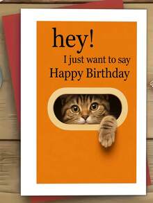 1张可爱生日贺卡，送给爱猫人士、好友、室友——猫咪偷窥的逼真插画，温馨贺卡，附信封 - A - 查看 1