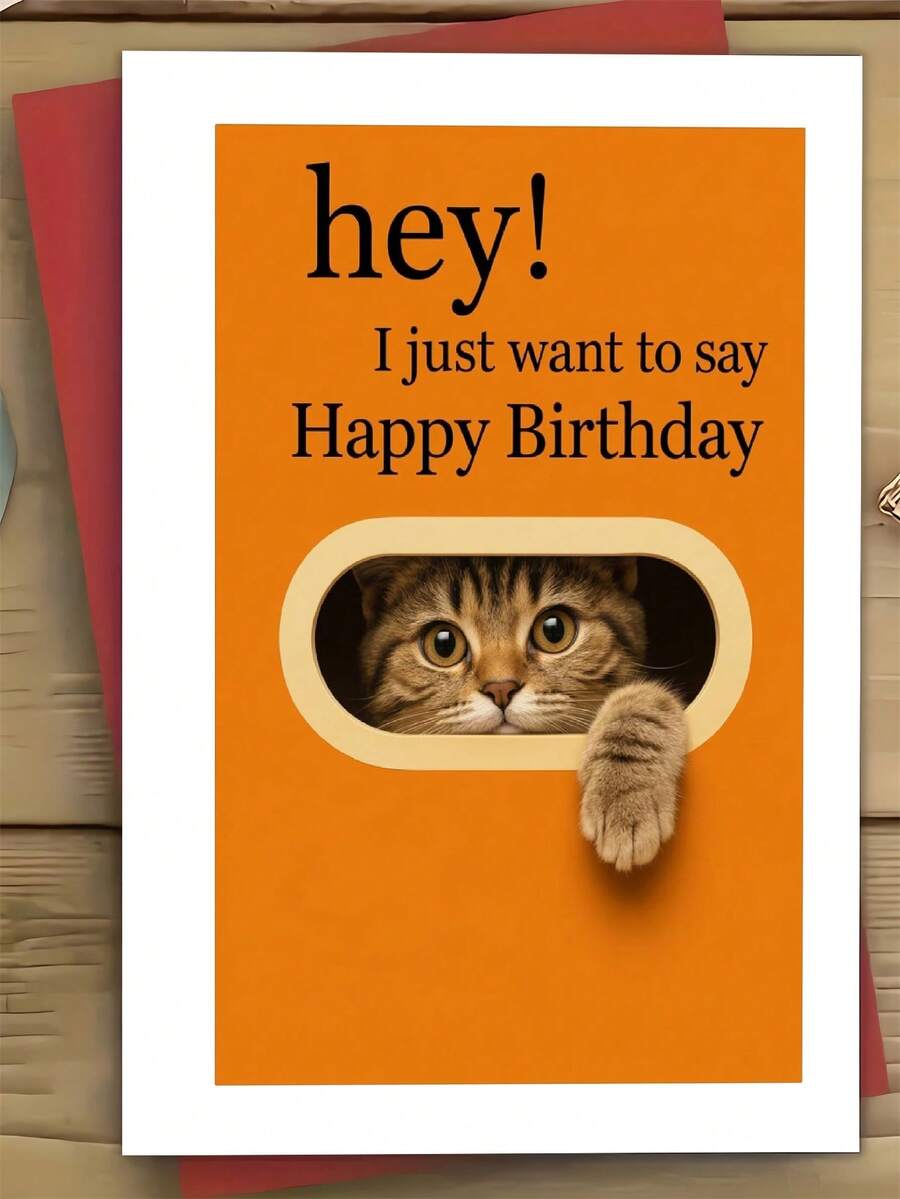 1张可爱生日贺卡,送给爱猫人士、好友、室友——猫咪偷窥的逼真插画,温馨贺卡,附信封 - A - 查看 1