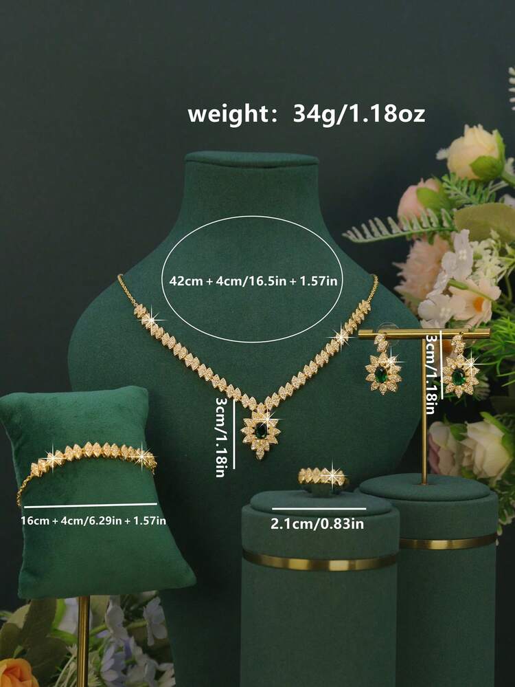 5件套18K镀金奢华优雅向日葵设计新娘结婚首饰套装，镶嵌绿色立方氧化锆，包括项链、手链、耳环、戒指，适合日常佩戴和婚礼场合，也是结婚周年纪念礼物。 - 太陽花新娘套裝 - 查看 2