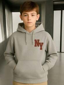 Kids' Kangaroo Hoodie With Bear Print, Cotton, Comfortable, Various Colors And Sizes - 淺灰色 - 查看 3