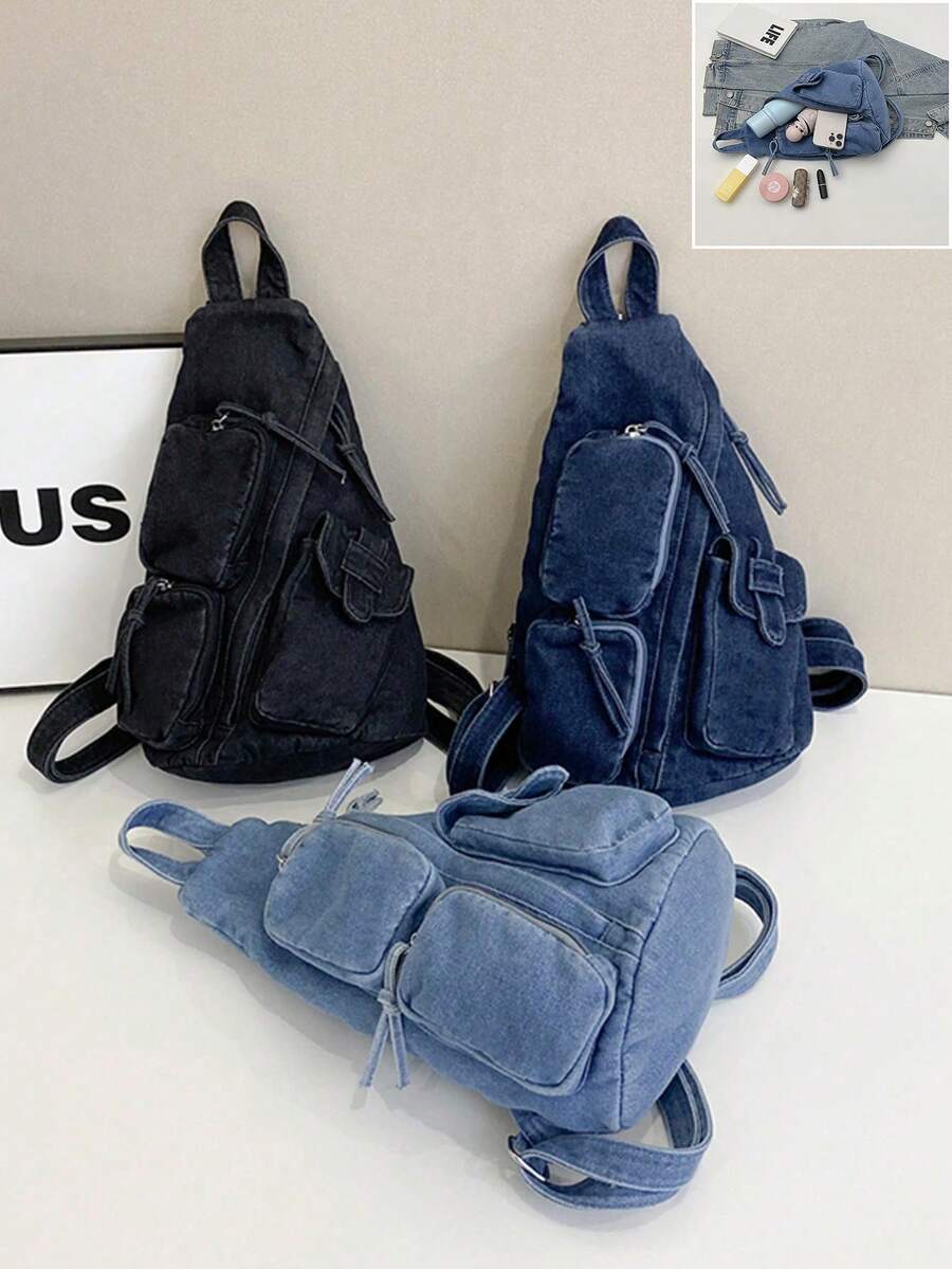 1 pieza Bolso de mano/bandolera/mochila de material de mezclilla con diseño de bolsillo con cordón, estilo vintage de carga, cierre con cremallera, de varios colores lavados