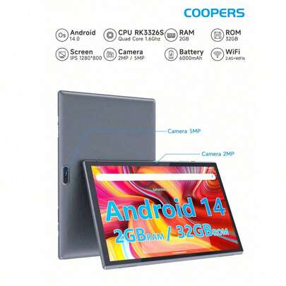Coopers Tablet Android 14 da 10,1 pollici ZB10, RK3326S quad-core 1,6 GHz/2 GB di RAM 32 GB di ROM/Wi-Fi 2,4 GHz + Wi-Fi 6/BT 5.2/schermo touch FHD IPS/fotocamera doppia 2 MP + 5 MP/USB-C/sensore G/6000 mAh/supporta espansione SD fino a 1 TB (senza adattatore), colore nero