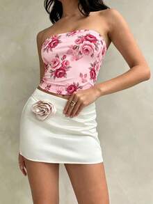Women's Pink Rose Print Strapless Cropped Knitted Tube Tank Top - Pink - View 6