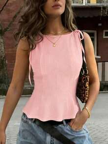 1 pieza Blusa con volante en el bajo de tela de punto de unicolor, uso casual de verano en color negro - Rosa 2 - Ver 2