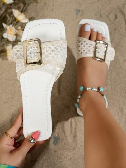 女士夏季新款蕾丝搭扣单带凉鞋，夏季新款方头休闲户外沙滩度假复古波西米亚风平底拖鞋