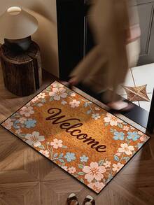 1pc Welcome Floral Print Doormat, Brown Minimalist Short Plush Quick-Dry Non-Slip Washable Entrance Mat For Kitchen, Bathroom, Dining Room, Hallway, Party, New Year, Suitable For All Seasons - Orange - View 9