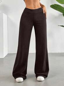 Pantalones de pierna ancha de unicolor versátiles y casuales - Marrón - Ver 5