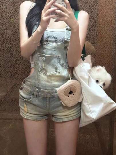 レディース デニムショートパンツ サスペンダー 2WAYパンツ ハイウエスト 取り外しストラップ付き スリムフィット 美シルエット ヴィンテージ風 Y2K 韓国風 ストリートカジュアル シンプル 無地 着回し力抜群 フェス 旅行 春夏定番ショーパン