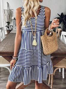 Vestido casual de mujer a rayas para vacaciones, de estilo minimalista y apropiado para el verano - Azul marino - Ver 1