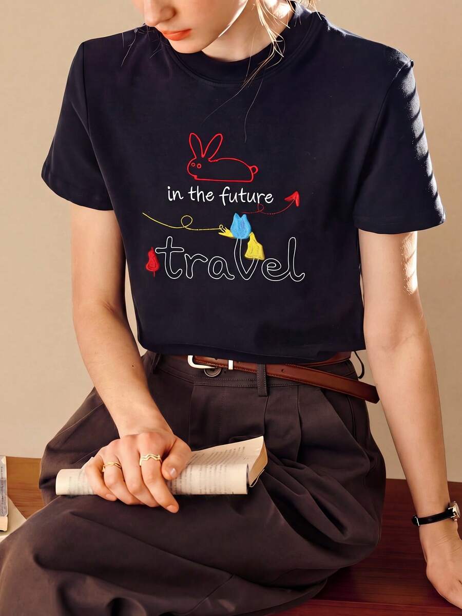 Women's Casual Minimalist Graphic Design Round Neck Knit Short Sleeve Top, Summer Black - Black - View 1