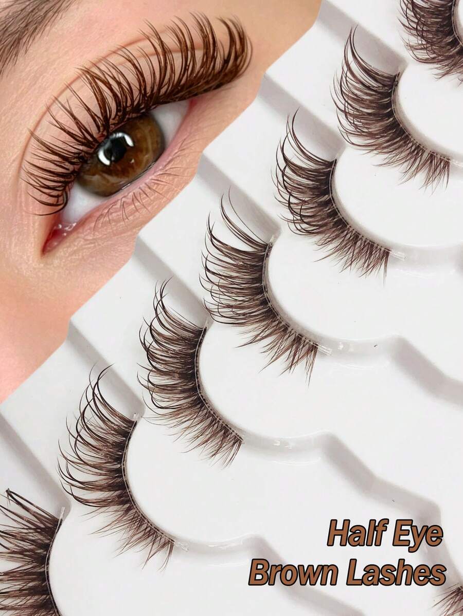 Asiteo 7 Pairs Brown Half-Eye False Eyelashes, Wet Effect, Transparent Band, Cartoon Cat Eye And Fox Eye Lashes, Short Soft 3D Mink Texture Lashes, Natural Corner Lashes, Suitable For Daily Wear And Special Occasions Like Parties, Weddings, Great Gift - 棕色 - 查看 1
