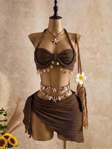 Bellisia Women's Fashionable Beige Wave Pattern With Seashell & Star Decor Spaghetti Strap Tankini Swimwear Set, Spring/Summer/Autumn - Coffee - View 1
