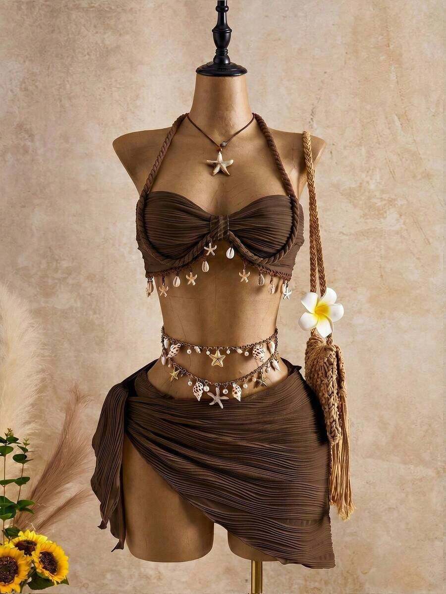 Bellisia Women's Fashionable Beige Wave Pattern With Seashell & Star Decor Spaghetti Strap Tankini Swimwear Set, Spring/Summer/Autumn - Coffee - View 1