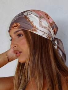 1pc 90cm Square Scarf With Printed Pattern, Satin Headscarf, Versatile Bandana For Women - Khaki - View 2