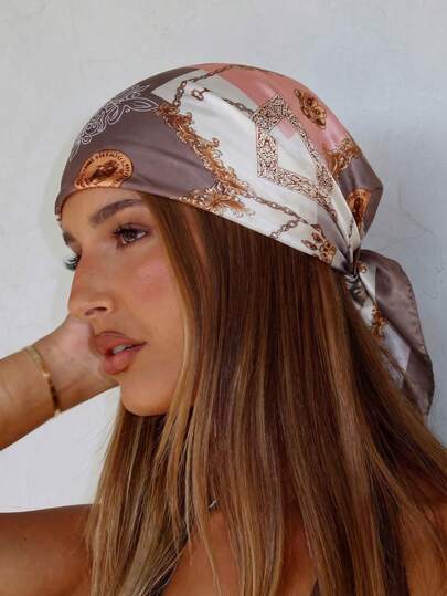 1pc 90cm Square Scarf With Printed Pattern, Satin Headscarf, Versatile Bandana For Women
