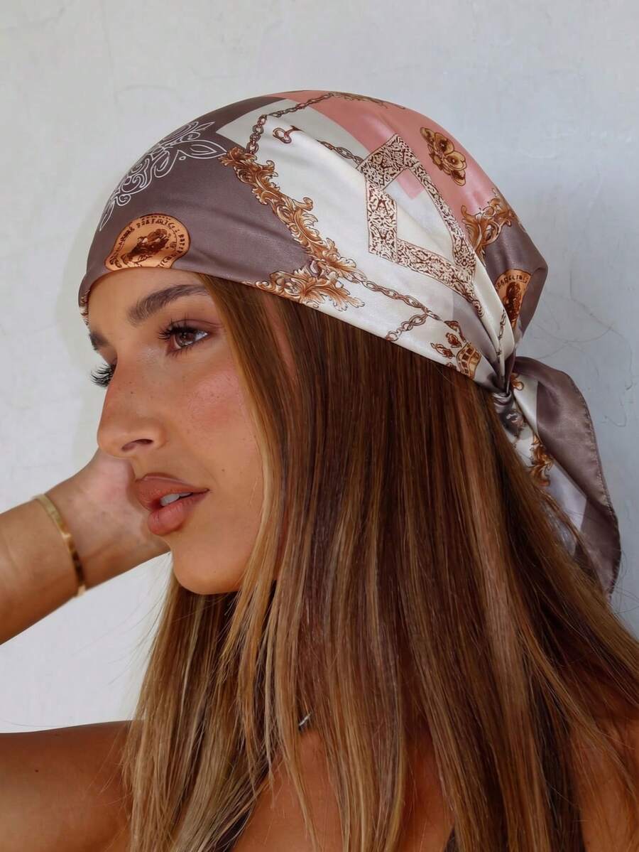 1pc 90cm Square Scarf With Printed Pattern, Satin Headscarf, Versatile Bandana For Women