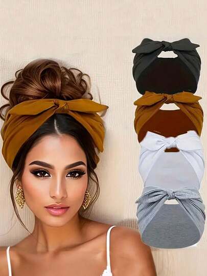 4pcs Women Headband Set, Rabbit Ear Headband, Cute Solid Color Hair Accessories, Elastic Bow Hair Ties, Suitable For Autumn/Winter And Holidays