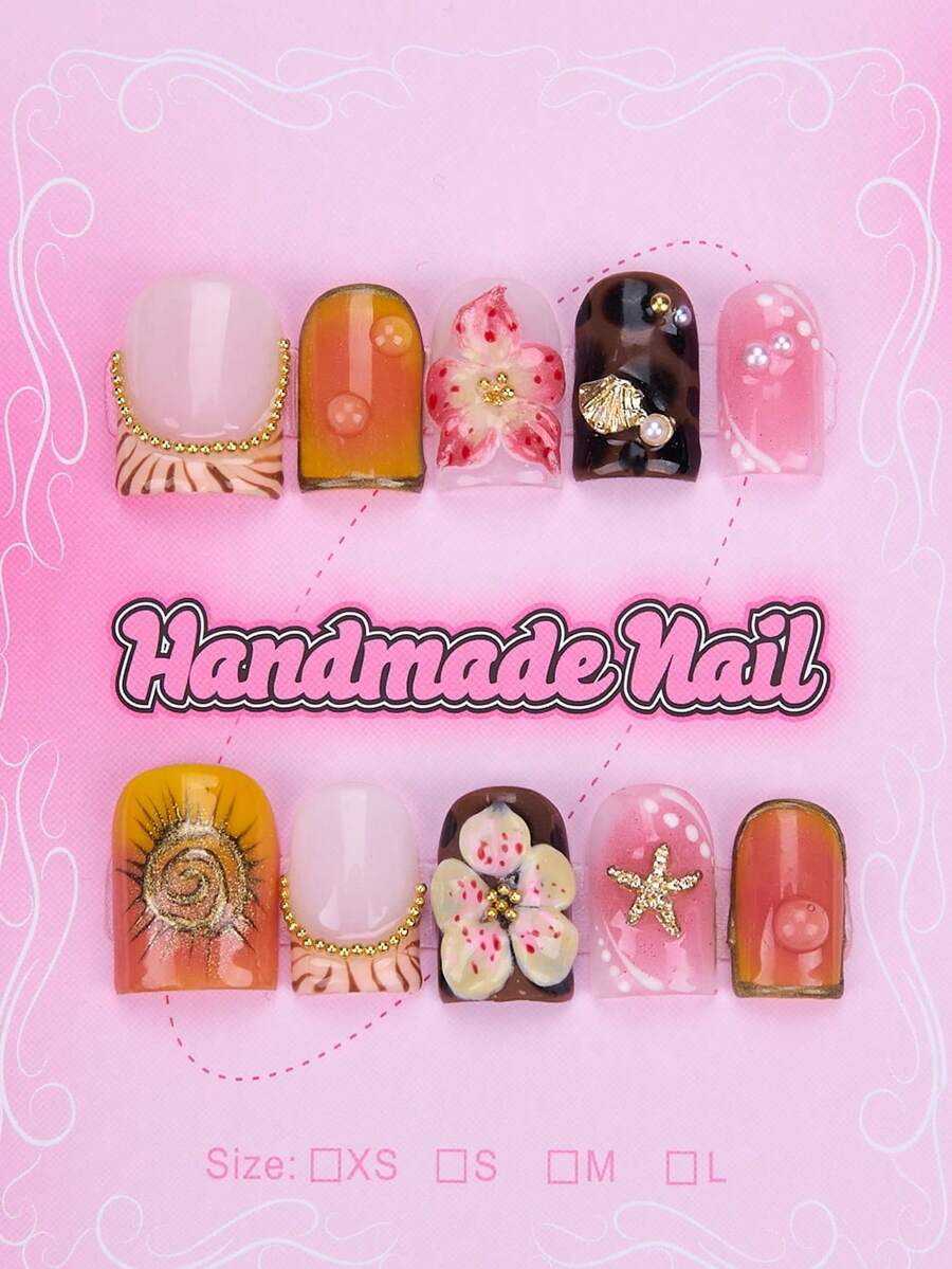 10 piezas de uñas postizas hechas a mano, uñas falsas cuadradas cortas con degradado de atardecer, adorno de flor 3D y estrella de mar, acento dorado y de perla, uñas postizas de cobertura completa brillante para mujeres, suministros de arte de uñas de verano y playa - Multicolor - Ver 1