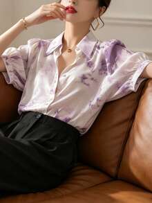 YUXIN 女士夏季水洗衬衫，复古优雅翻领花瓣袖宽松休闲通勤衬衫度假款 - 紫色 - 查看 9