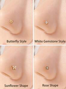 1pc 18K Gold Plated Stainless Steel L-Shaped Rose Flower Nose Ring, Suitable For Summer Cute Nose/Ear Piercing Jewelry, Available In Butterfly, Rose, Zirconia, Flower Designs, Y2K And Gothic Style Body Piercing Accessories For Nose Stud, Lip Ring, Ear Stud, Cartilage Hoop Etc. - Yellow Gold - View 5