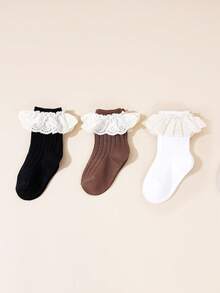3 Pairs Kids Ribbed Socks, Baby Lace Ruffle Trim Socks, Toddler Girls Short Socks, Suitable For Skirts - Multicolor - View 2