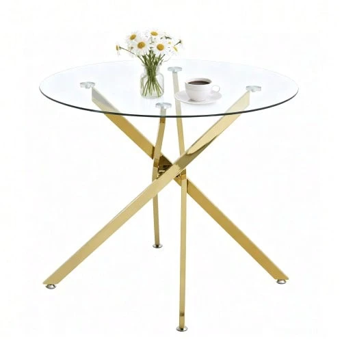 Round Dining Table With Tempered Glass Top And Gold Legs, Coffee Table, Modern Minimalist Dining Table, 80 * 80 * 76 Cm - Gold - View 1