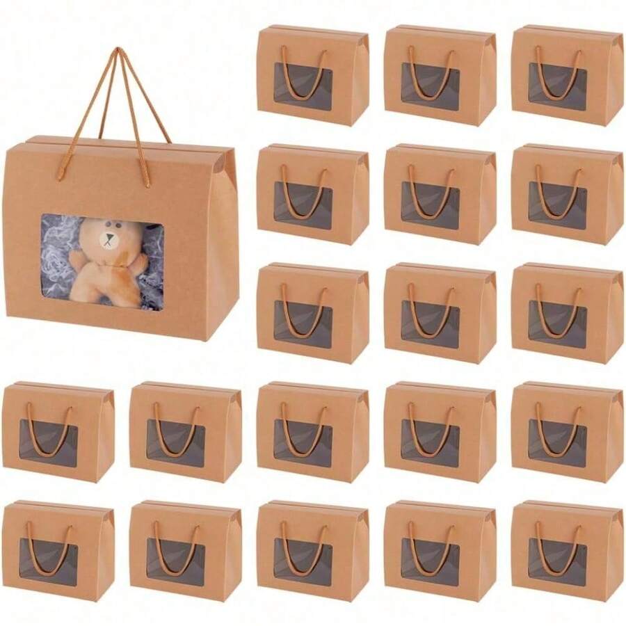1pc/5pcs 7.8x6.3x4.3 Inch Brown Kraft Paper Gift Box With Handle And Clear Window, Suitable For Packaging, Retail, Party, Gift, Wedding, Business Use - 20*15*11 - View 1