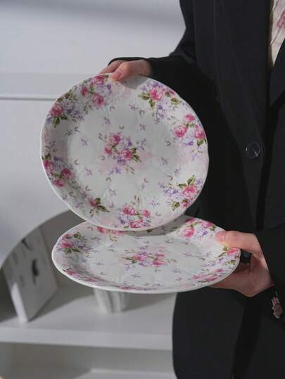 Cabin Kangaroo 1个/2个 Lovain 复古粉色玫瑰陶瓷盘，浮雕圆形沙拉盘，乡村风格装饰盘，适用于早餐、午餐和家居装饰，可微波炉加热