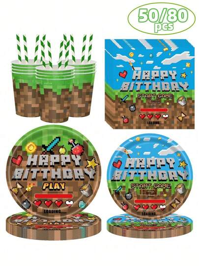  Bộ đồ chơi Minecraft 5080 mảnh ghép, trò chơi điện tử Minecraft New Pixel Battle, chủ đề khối cỏ xanh, bộ đồ ăn dùng một lần bao gồm đĩa, đĩa tráng miệng, cốc và khăn ăn, bộ đồ ăn dùng một lần phù hợp cho cắm trại, dã ngoại, tiệc nướng ngoài trời, đám cưới, Halloween, Giáng sinh, tiệc sinh nhật.