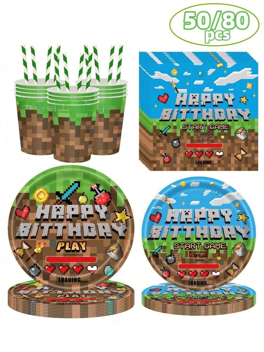 Bộ đồ chơi Minecraft 5080 mảnh ghép, trò chơi điện tử Minecraft New Pixel Battle, chủ đề khối cỏ xanh, bộ đồ ăn dùng một lần bao gồm đĩa, đĩa tráng miệng, cốc và khăn ăn, bộ đồ ăn dùng một lần phù hợp cho cắm trại, dã ngoại, tiệc nướng ngoài trời, đám cưới, Halloween, Giáng sinh, tiệc sinh nhật. - Chủ đề - Xem 1