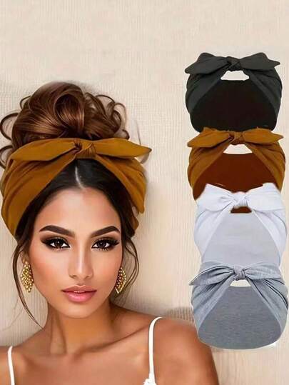 Bộ 4 băng đô cài tóc cho nữ, băng đô tai thỏ, phụ kiện tóc màu trơn dễ thương, dây buộc tóc nơ co giãn, thích hợp cho mùa thu/đông.