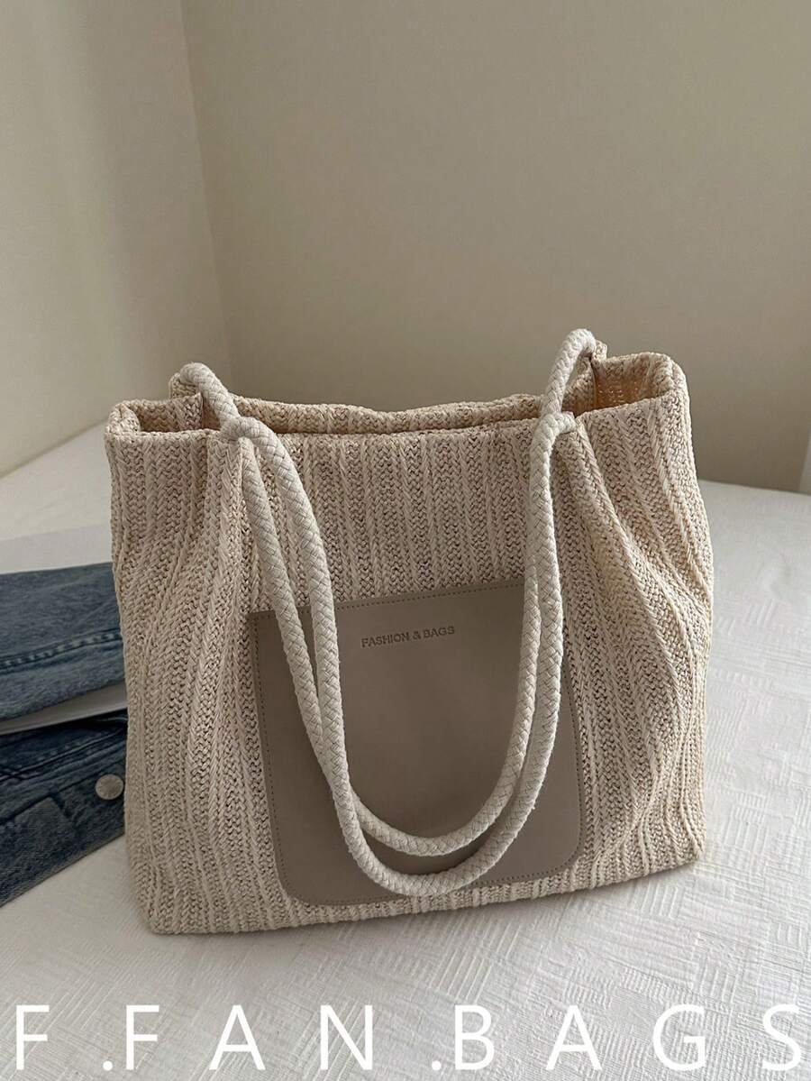 Summer Straw Woven Tote Bag, Sweet Braided Large Capacity Shoulder Bag, Minimalist Fresh Style - Beige - View 1