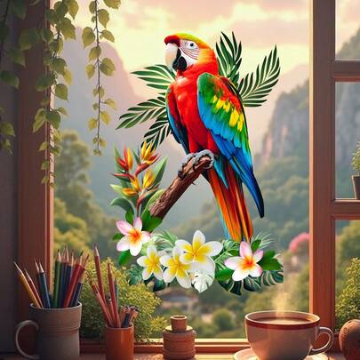 CHAILLY 热带鹦鹉和变色龙静电吸附窗贴，可重复使用的丛林动物墙贴，适用于玻璃门、家居和办公室装饰