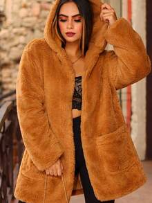 Women's Long Teddy Coat, Caramel Color. - Caramel 1 - View 2