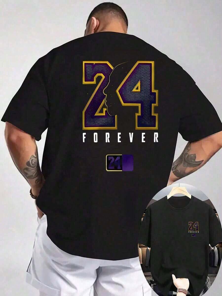 Men's Casual Short Sleeve T-Shirt, New For Summer 2026, Ribbed Crew Neck, Front And Back Print, Knit Fabric, Cool And Comfortable, Kobe No. Printed Short Sleeve T-Shirt For Men, With 24 Designs, Suitable For Outdoor Activities, Men's Shirts, Men's Clothing, Summer Sets, Summer T-Shirts, Graphic T-Shirt, St. Patrick's Day Outfit, Easter Outfits, Spring Clothing. - 黑色 - 查看 1