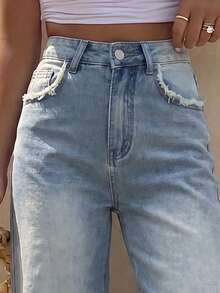 Quần jeans nữ cạp cao ống rộng, kiểu dáng vintage với túi và gấu quần rách, thiết kế xếp ly. - Màu xanh lam - Xem 5
