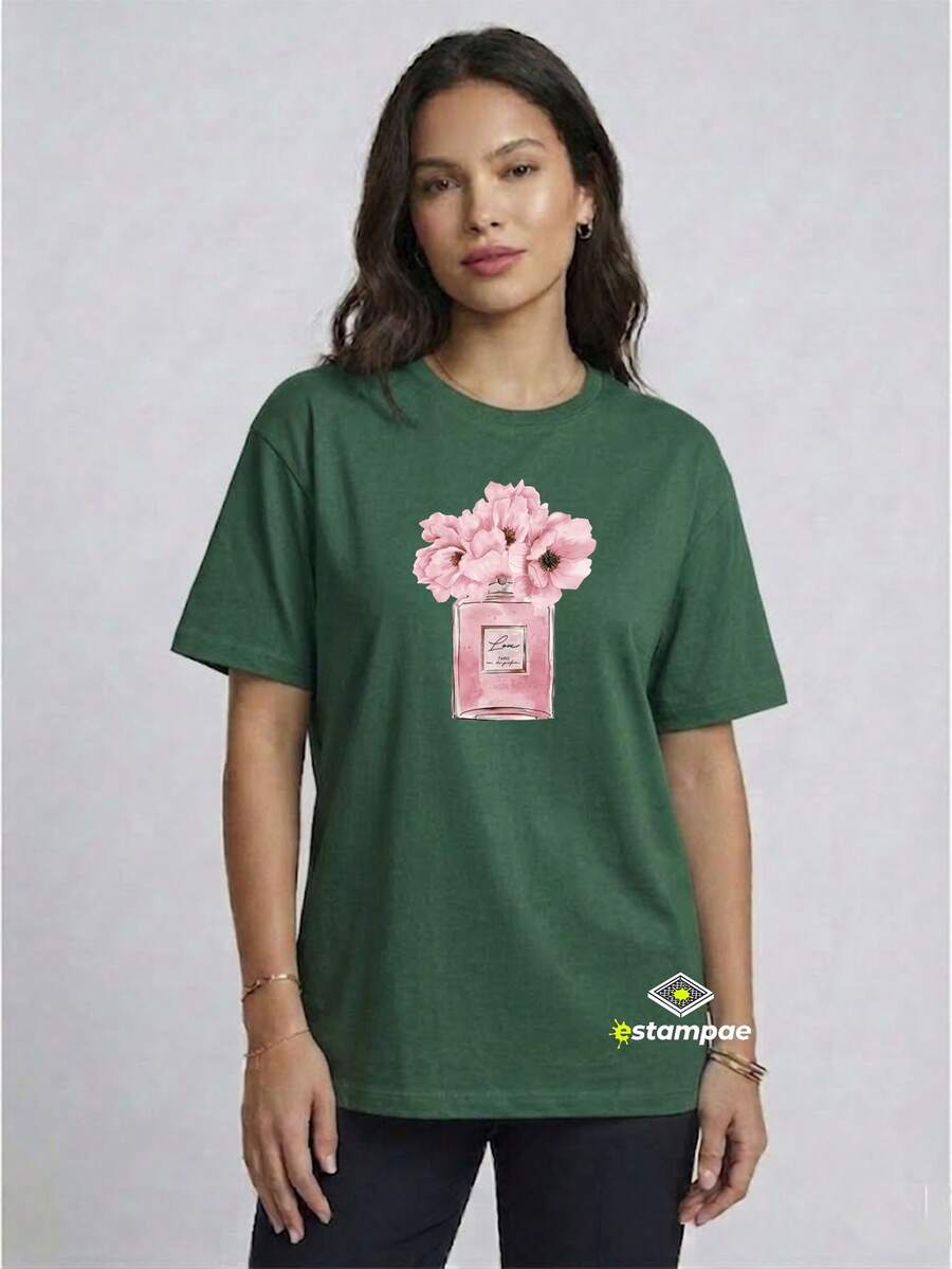 Stylish Women's Printed Floral Perfume T-Shirt - New Release - 100% Cotton T-Shirt - Loose Oversized Plus Size T-Shirt - Estampaê - 軍綠色 - 查看 1