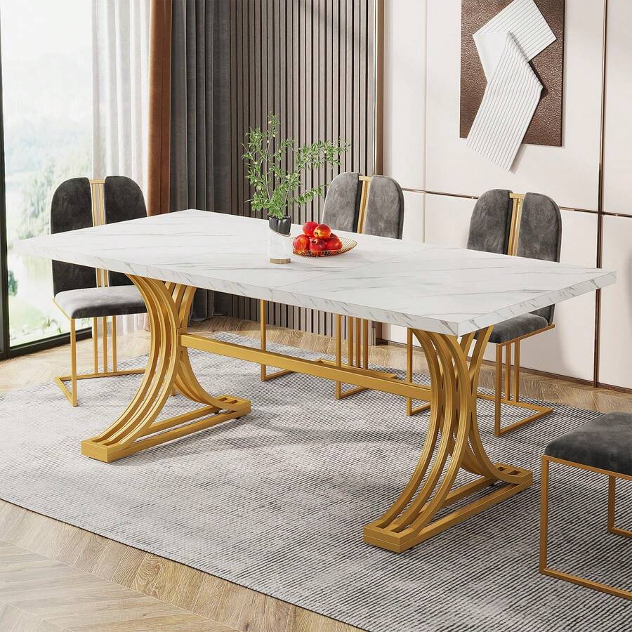 Tribesigns Table à manger moderne 160 x 80 cm pour 4 à 6 personnes, table de cuisine avec plateau imitation marbre, structure métallique robuste, blanc et or - Doré - Voir 1