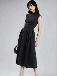 Women's Elegant Black Pleated Midi Dress With Stand Collar Neck - Black - View 1