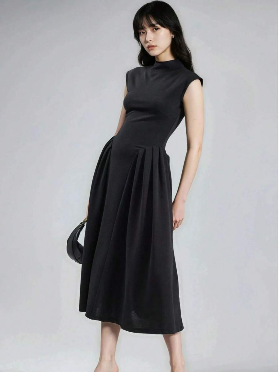 Women's Elegant Black Pleated Midi Dress With Stand Collar Neck - Black - View 1