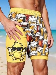 Pantalones cortos de playa de doble capa con estampado de cerveza, estilo de vacaciones de verano para hombres - Multicolor - Ver 2