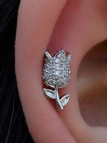 1 đôi bông tai tối giản, không gây dị ứng, mạ vàng 18K, kiểu vặn vít, phù hợp với tai nhạy cảm, chống oxy hóa, đính đá Cubic Zirconia hình hoa tulip, dành cho nữ, trang sức dự tiệc thanh lịch, 20G 8MM - Một đôi bông tai hình hoa tulip đính đá zircon tròn. - Xem 1