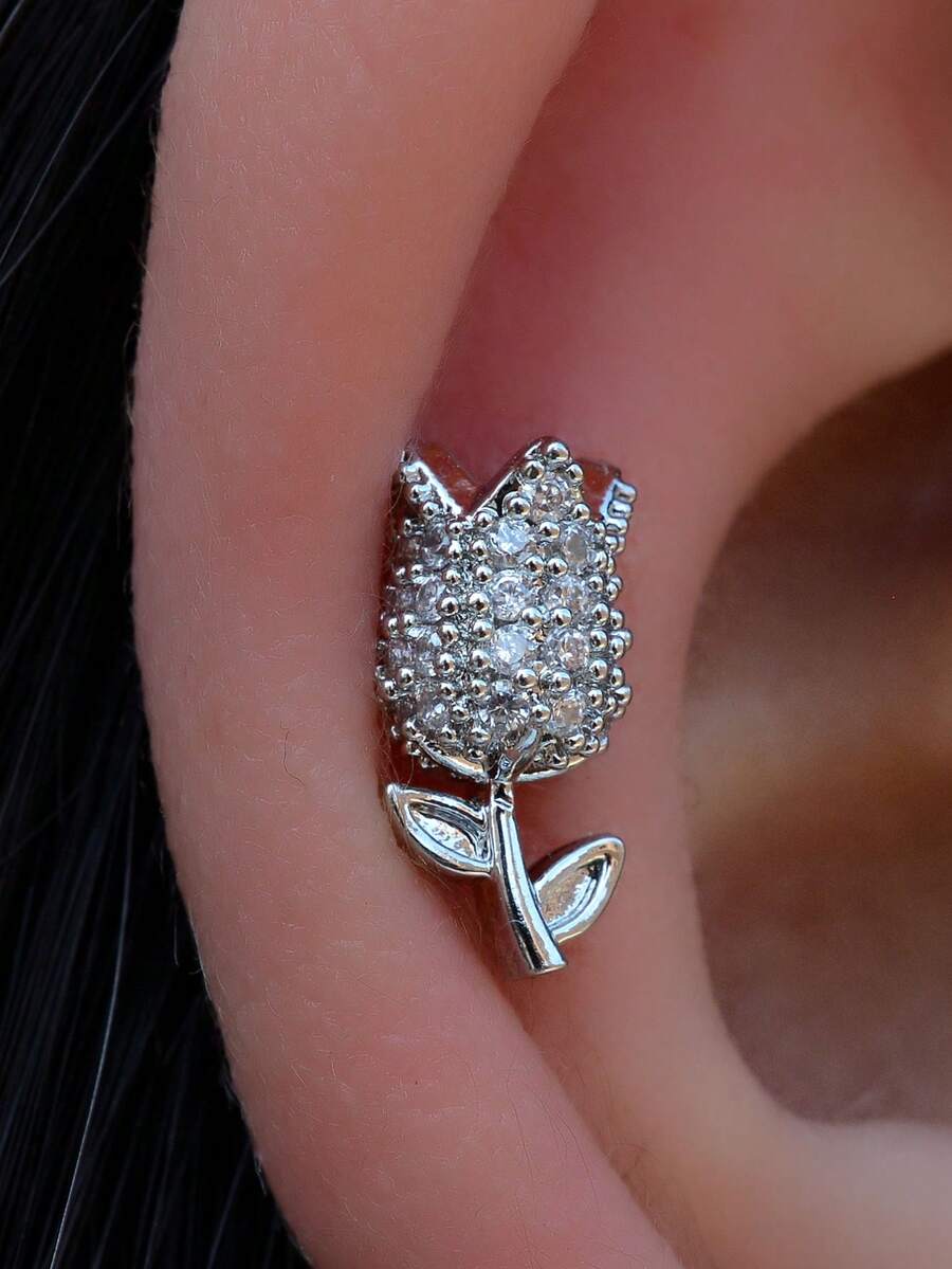 1 đôi bông tai tối giản, không gây dị ứng, mạ vàng 18K, kiểu vặn vít, phù hợp với tai nhạy cảm, chống oxy hóa, đính đá Cubic Zirconia hình hoa tulip, dành cho nữ, trang sức dự tiệc thanh lịch, 20G 8MM - Một đôi bông tai hình hoa tulip đính đá zircon tròn. - Xem 1