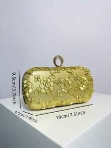 Luxury Design Women's Evening Clutch, Glamorous Vintage Box-Shaped Mini Handbag, Fashionable, Charming, Exquisite And Elegant, Suitable For Evening Occasions, Weddings, Themed Formal Parties, Balls, Celebrations, Birthday Gatherings. Detachable Chain Included, Perfectly Matched With Party Accessories, An Ideal Choice For Party Clutch. - Gold - View 7