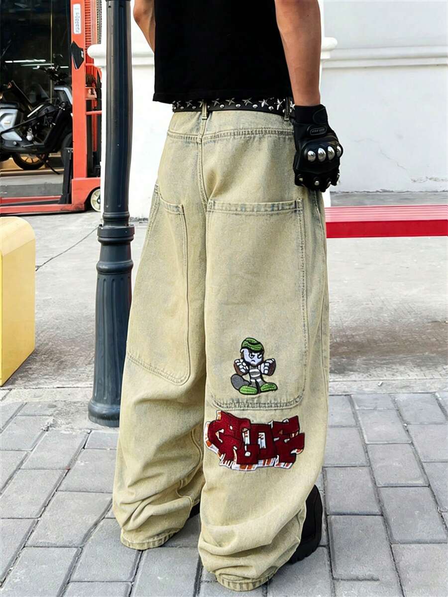 1件美式街头时尚刺绣口袋阔腿牛仔裤,宽松舒适休闲男士牛仔裤(产品不含腰带和配饰) - 黃色 - 查看 1