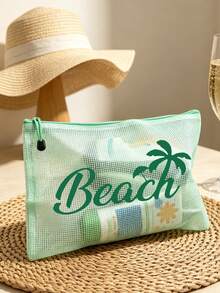 多色防水時尚網格海灘包，印有「Beach」字樣的化妝包，羽毛花朵、朱槿、海星、貝殼和珍珠元素，大容量透明化妝包，尼龍拉鍊盥洗包，輕巧，可存放防曬霜、零食、比基尼和海灘必需品，送給朋友、家人、閨蜜、同學的完美禮物和紀念品，適用於生日、假期、派對、婚禮（伴娘）、教師節、郵輪必需品、夏季度假禮物 - 彩色 - 查看 9